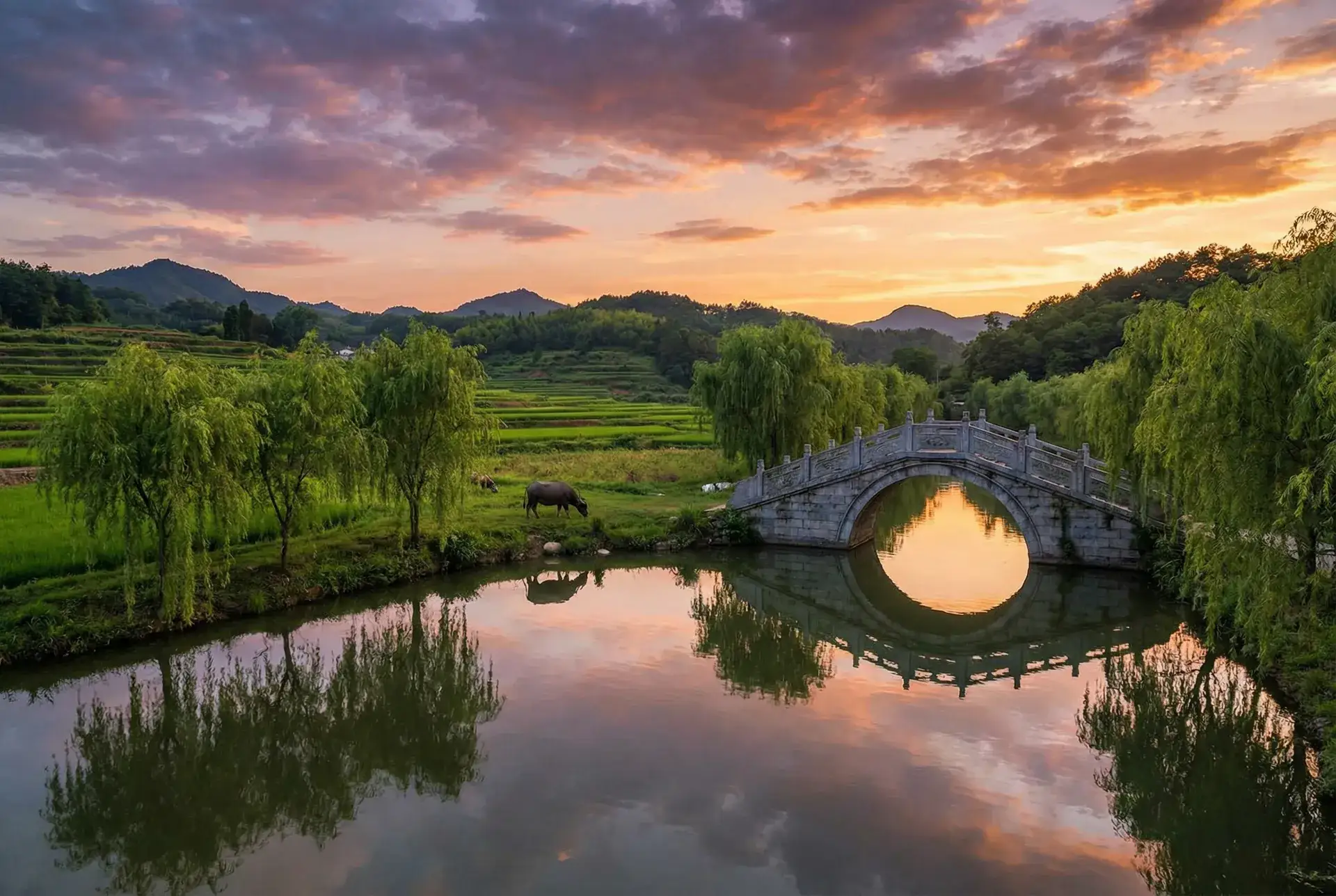 夕阳下的石拱桥与垂柳，水牛在河边吃草 - 三级片是什么 乡村美景
